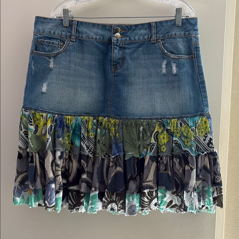 SO Blue Denim Skirt with Multicolor Ruffle Hem